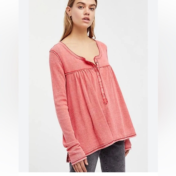 Womens FREE PEOPLE We the Free Kai Henley Top Size XS Pink Waffle - Picture 1 of 6